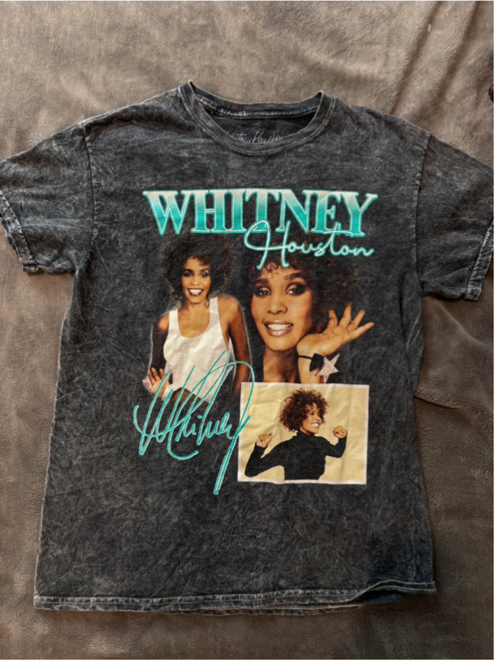 Women's Whitney Houston Graphic Tee Size M Grey Black Acid Wash